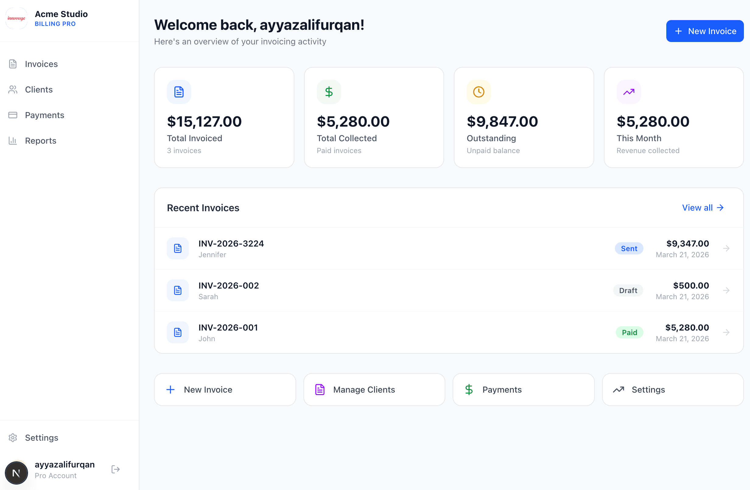 ArcBill dashboard — invoices, clients, and payments in one place